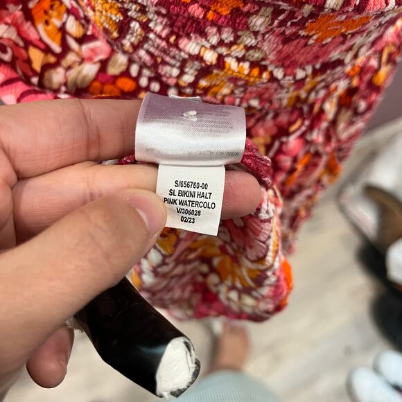 Old Navy Floral Crinkle Babydoll Halter Top Pink Y2K Beachy Summer Womens Medium - Picture 7 of 9